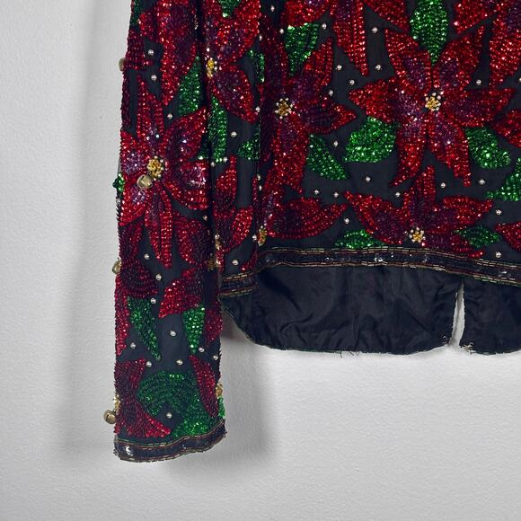 Vintage Laurence Kazar Sequin Jacket Size XL Red Black Floral Beaded Cropped - Picture 14 of 15